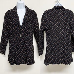 FLAX Womens Black Floral Print Corduroy Button Up Lagenlook Jacket Size S